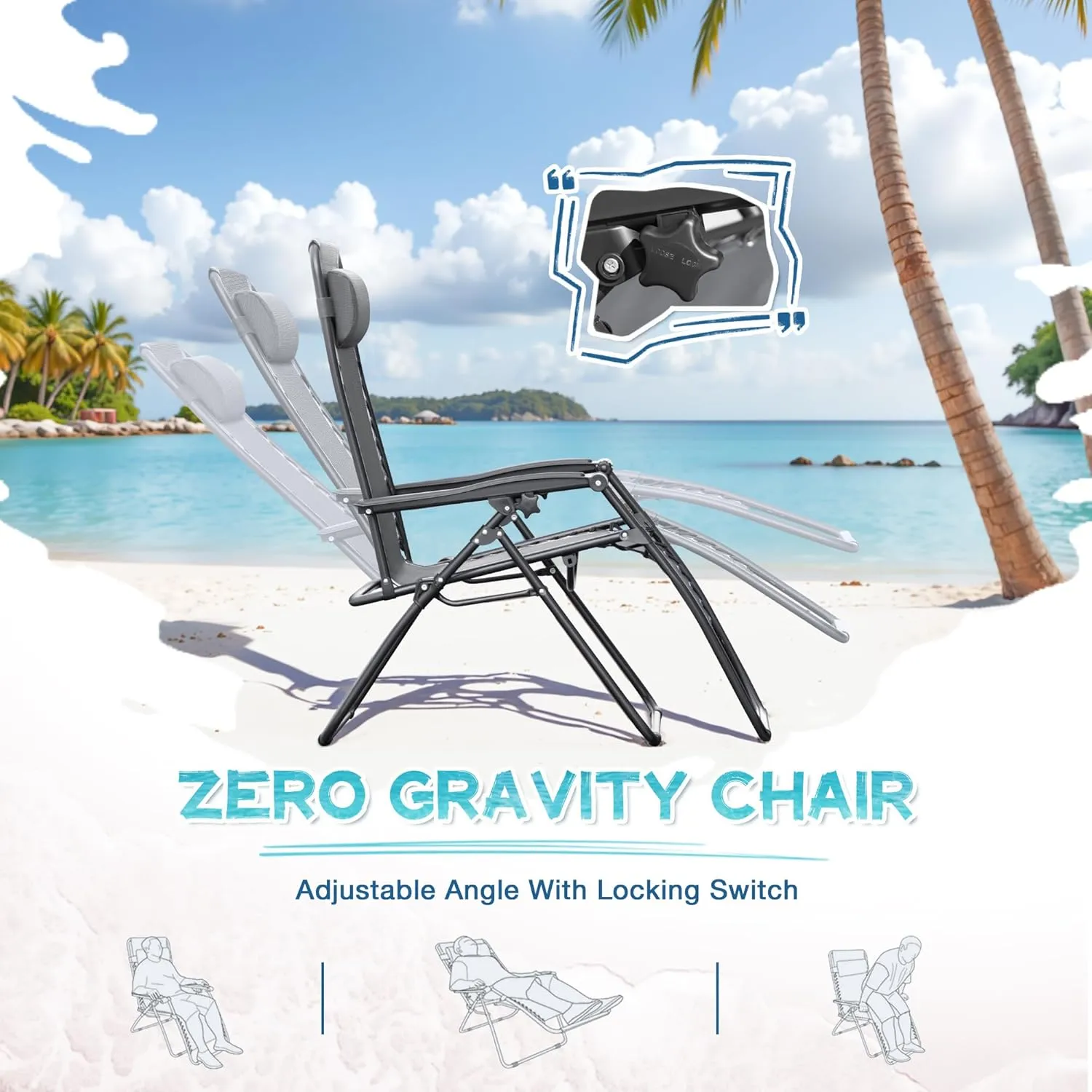 Greesum Zero Gravity Chairs Set of 2 Adjustable Steel Mesh Recliners Beach Deck Lawn Camping Patio Foldable Lounge Chair with Cup Holder Trays and Pillows,Gray