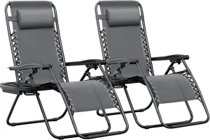 Greesum Zero Gravity Chairs Set of 2 Adjustable Steel Mesh Recliners Beach Deck Lawn Camping Patio Foldable Lounge Chair with Cup Holder Trays and Pillows,Gray