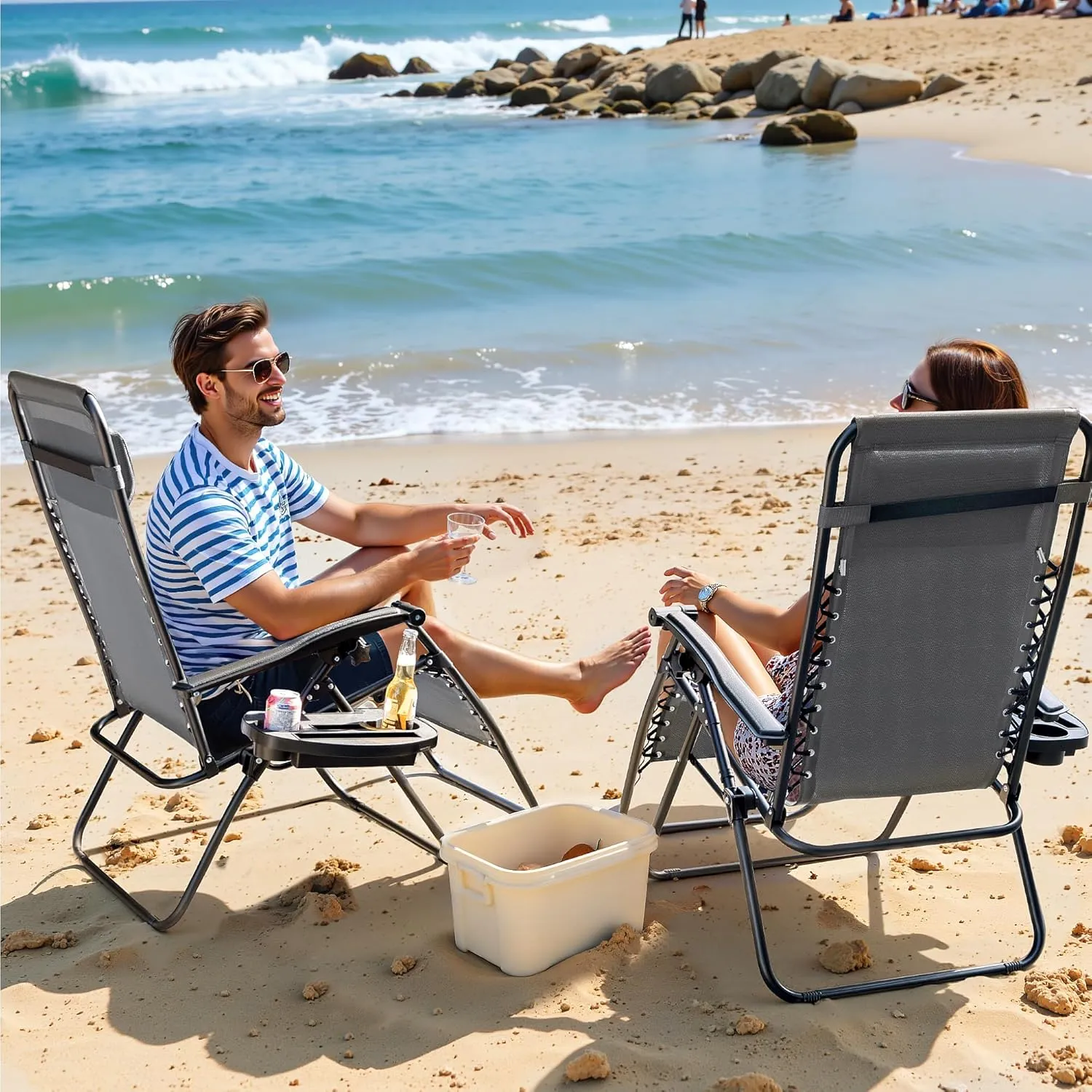 Greesum Zero Gravity Chairs Set of 2 Adjustable Steel Mesh Recliners Beach Deck Lawn Camping Patio Foldable Lounge Chair with Cup Holder Trays and Pillows,Gray