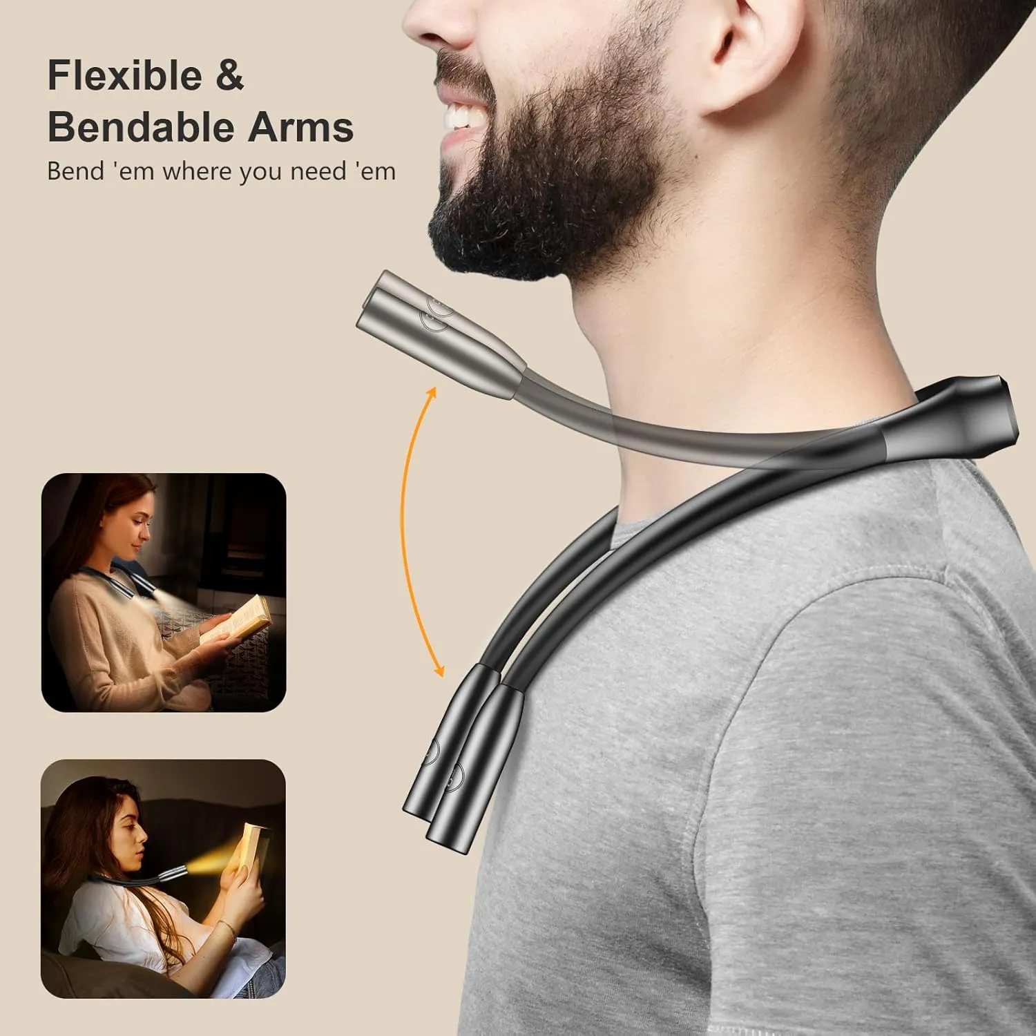 Gritin LED Neck Reading Light,Book Light for Reading in Bed-Eye Caring 3 Colors, Dimmable Brightness, Bendable Arms, 80 Hrs Runtime, Neck Round Design, Comfortable &Lightweight for Crafting, Knitting