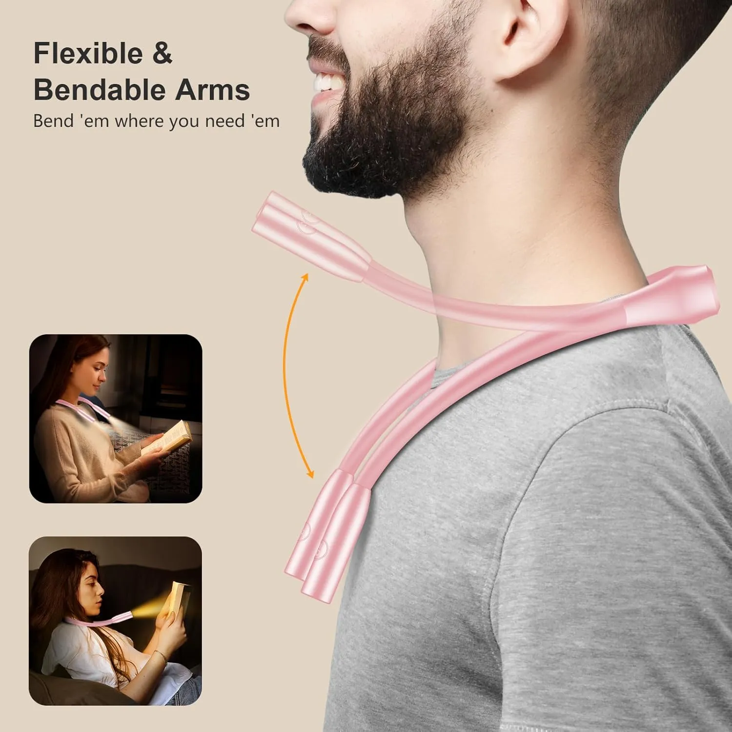 Gritin LED Neck Reading Light,Book Light for Reading in Bed-Eye Caring 3 Colors, Dimmable Brightness, Bendable Arms, 80 Hrs Runtime, Neck Round Design, Lightweight for Crafting, Knitting-Pink