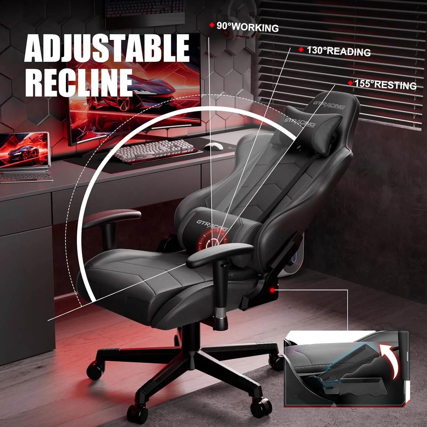 GTRACING Gaming Chair Racing Office Computer Ergonomic Video Game Chair Backrest and Seat Height Adjustable Swivel Recliner with Headrest and Lumbar Pillow Esports Chair (Dark Black)
