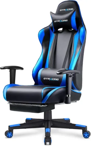 GTRACING Gaming Chair with Footrest, Ergonomic Computer Game Desk Chair, Recline Gaming Chair Seat Height Adjustment, Swivel Rocker with Headrest and Lumbar (Blue)