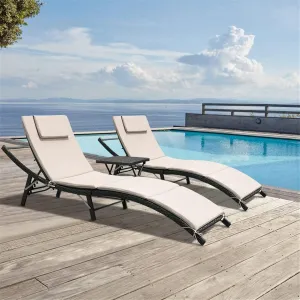 GUNJI Lounge Chairs for Outside 3 Pieces Patio Adjustable Chaise Lounge Outdoor Wicker Lounge Chairs Set of 2 with Table Folding Chaise Lounger for Poolside, Deck, Lawn (Beige)