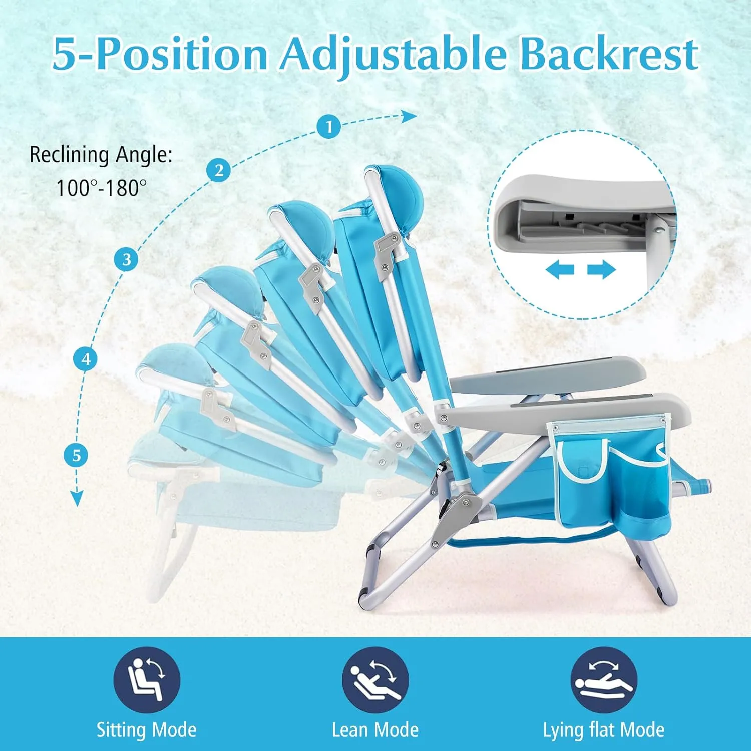 GYMAX Beach Chair, 330lbs Backpack Lounger with 5-Position Backrest, Storage Bag, Side Pocket, Towel Bar & Headrest, Foldable Low Beach Lounge, Portable Aluminum Lay Out Camp Chair (2, Light Blue)