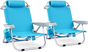 GYMAX Beach Chair, 330lbs Backpack Lounger with 5-Position Backrest, Storage Bag, Side Pocket, Towel Bar & Headrest, Foldable Low Beach Lounge, Portable Aluminum Lay Out Camp Chair (2, Light Blue)