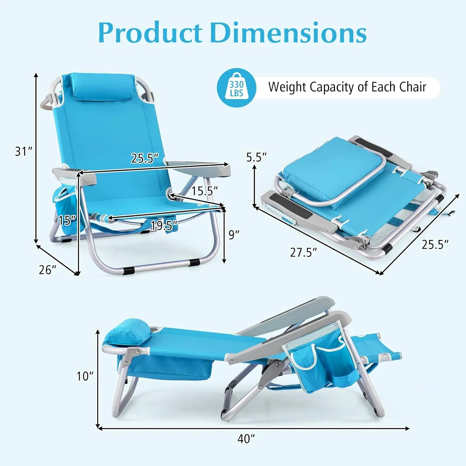 GYMAX Beach Chair, 330lbs Backpack Lounger with 5-Position Backrest, Storage Bag, Side Pocket, Towel Bar & Headrest, Foldable Low Beach Lounge, Portable Aluminum Lay Out Camp Chair (2, Light Blue)