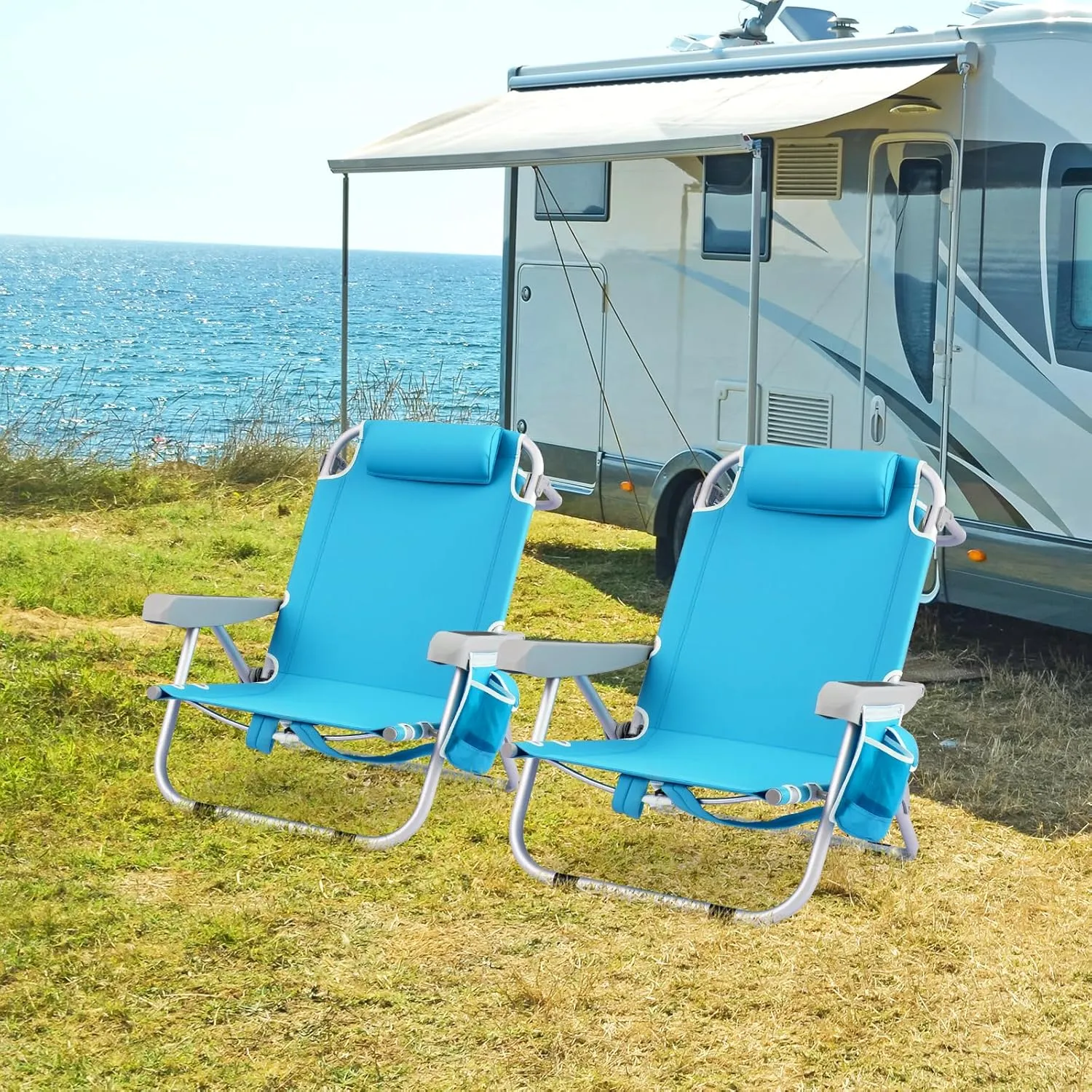 GYMAX Beach Chair, 330lbs Backpack Lounger with 5-Position Backrest, Storage Bag, Side Pocket, Towel Bar & Headrest, Foldable Low Beach Lounge, Portable Aluminum Lay Out Camp Chair (2, Light Blue)