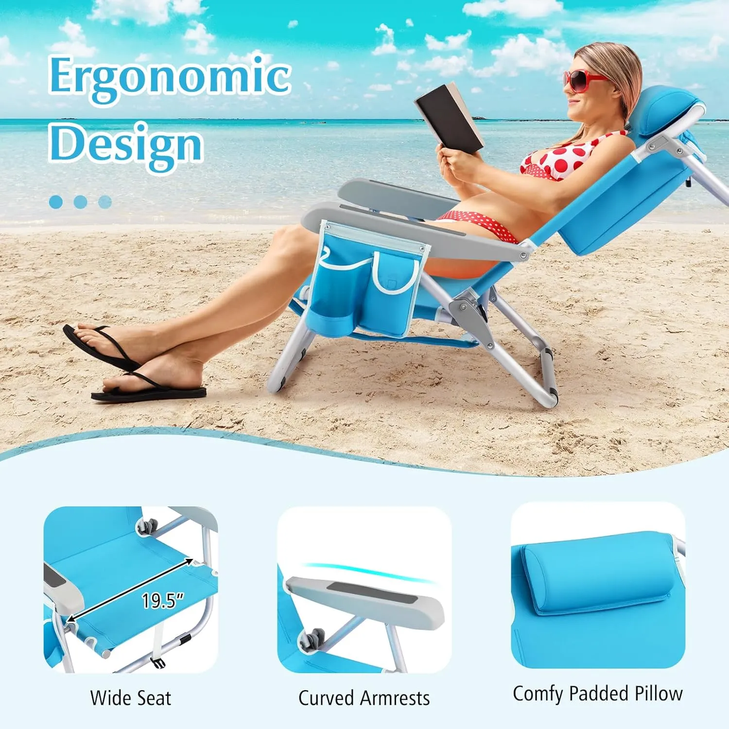 GYMAX Beach Chair, 330lbs Backpack Lounger with 5-Position Backrest, Storage Bag, Side Pocket, Towel Bar & Headrest, Foldable Low Beach Lounge, Portable Aluminum Lay Out Camp Chair (2, Light Blue)