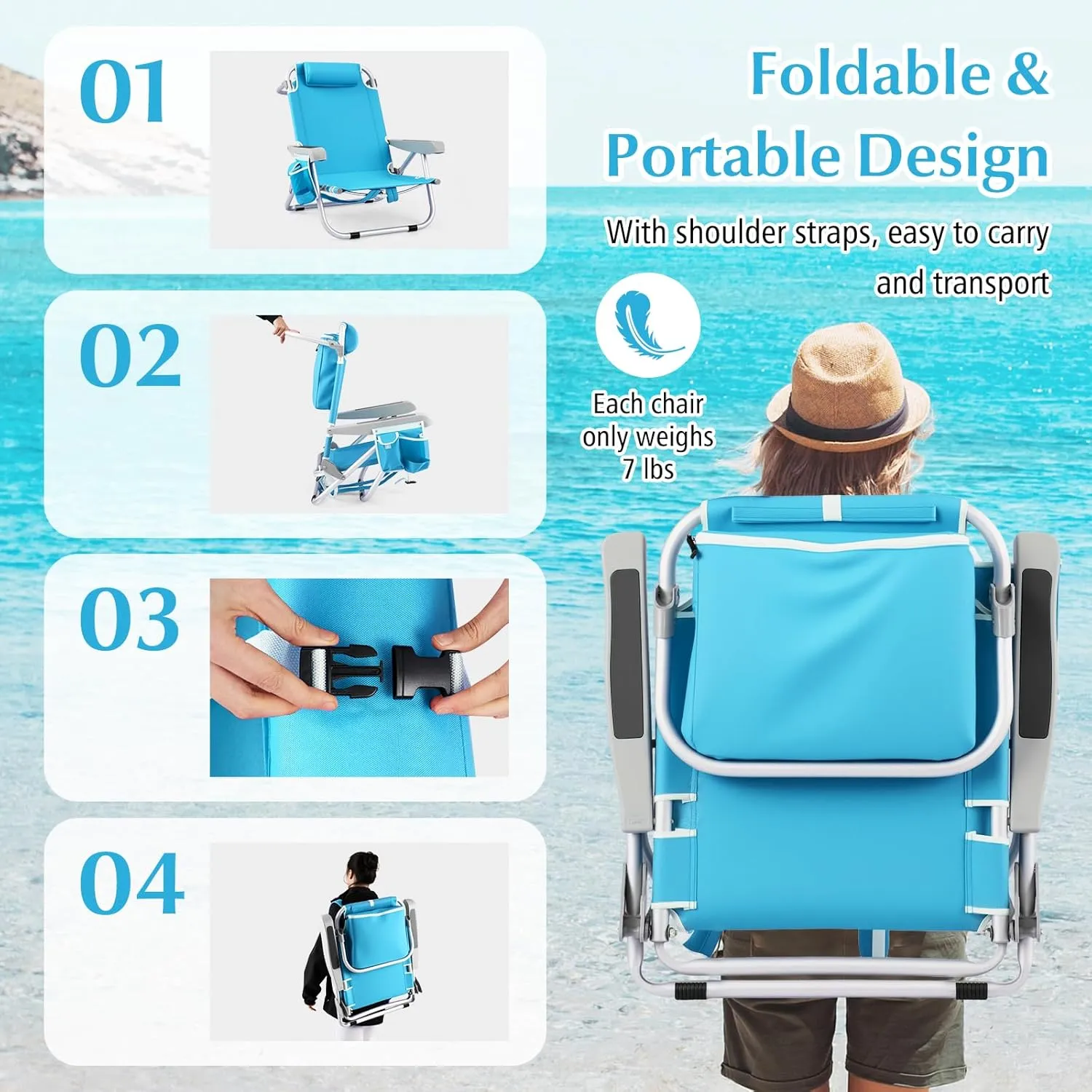 GYMAX Beach Chair, 330lbs Backpack Lounger with 5-Position Backrest, Storage Bag, Side Pocket, Towel Bar & Headrest, Foldable Low Beach Lounge, Portable Aluminum Lay Out Camp Chair (2, Light Blue)