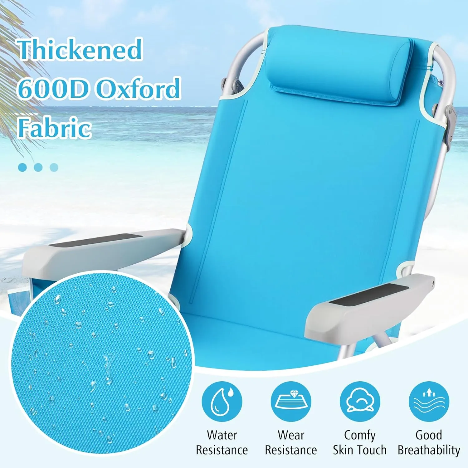 GYMAX Beach Chair, 330lbs Backpack Lounger with 5-Position Backrest, Storage Bag, Side Pocket, Towel Bar & Headrest, Foldable Low Beach Lounge, Portable Aluminum Lay Out Camp Chair (2, Light Blue)