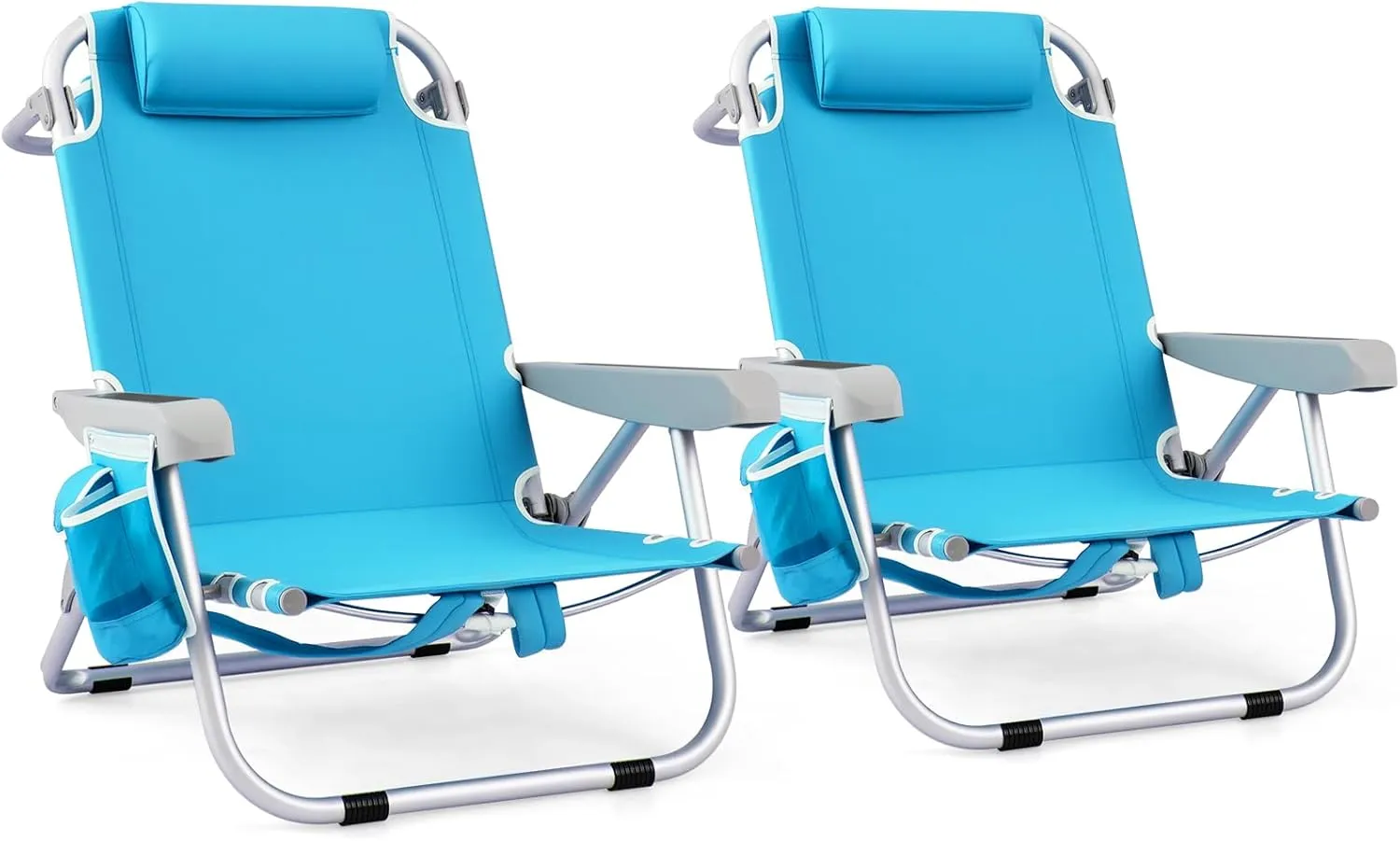 GYMAX Beach Chair, 330lbs Backpack Lounger with 5-Position Backrest, Storage Bag, Side Pocket, Towel Bar & Headrest, Foldable Low Beach Lounge, Portable Aluminum Lay Out Camp Chair (2, Light Blue)