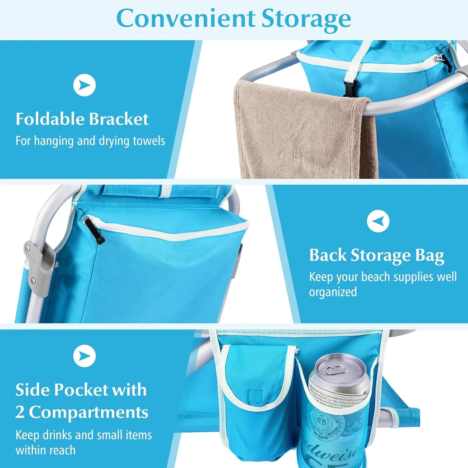 GYMAX Beach Chair, 330lbs Backpack Lounger with 5-Position Backrest, Storage Bag, Side Pocket, Towel Bar & Headrest, Foldable Low Beach Lounge, Portable Aluminum Lay Out Camp Chair (2, Light Blue)