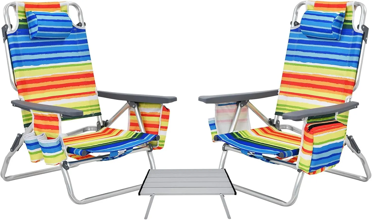 GYMAX Beach Chairs, 2-Pack Backpack Camping Chair with Armrest, Cooler Bag, Cup Holder, Towel Bar & Side Pockets, Sunbath Sling Tanning Lounge, Folding Layout Chairs (Yellow Strip, with Table)