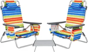 GYMAX Beach Chairs, 2-Pack Backpack Camping Chair with Armrest, Cooler Bag, Cup Holder, Towel Bar & Side Pockets, Sunbath Sling Tanning Lounge, Folding Layout Chairs (Yellow Strip, with Table)