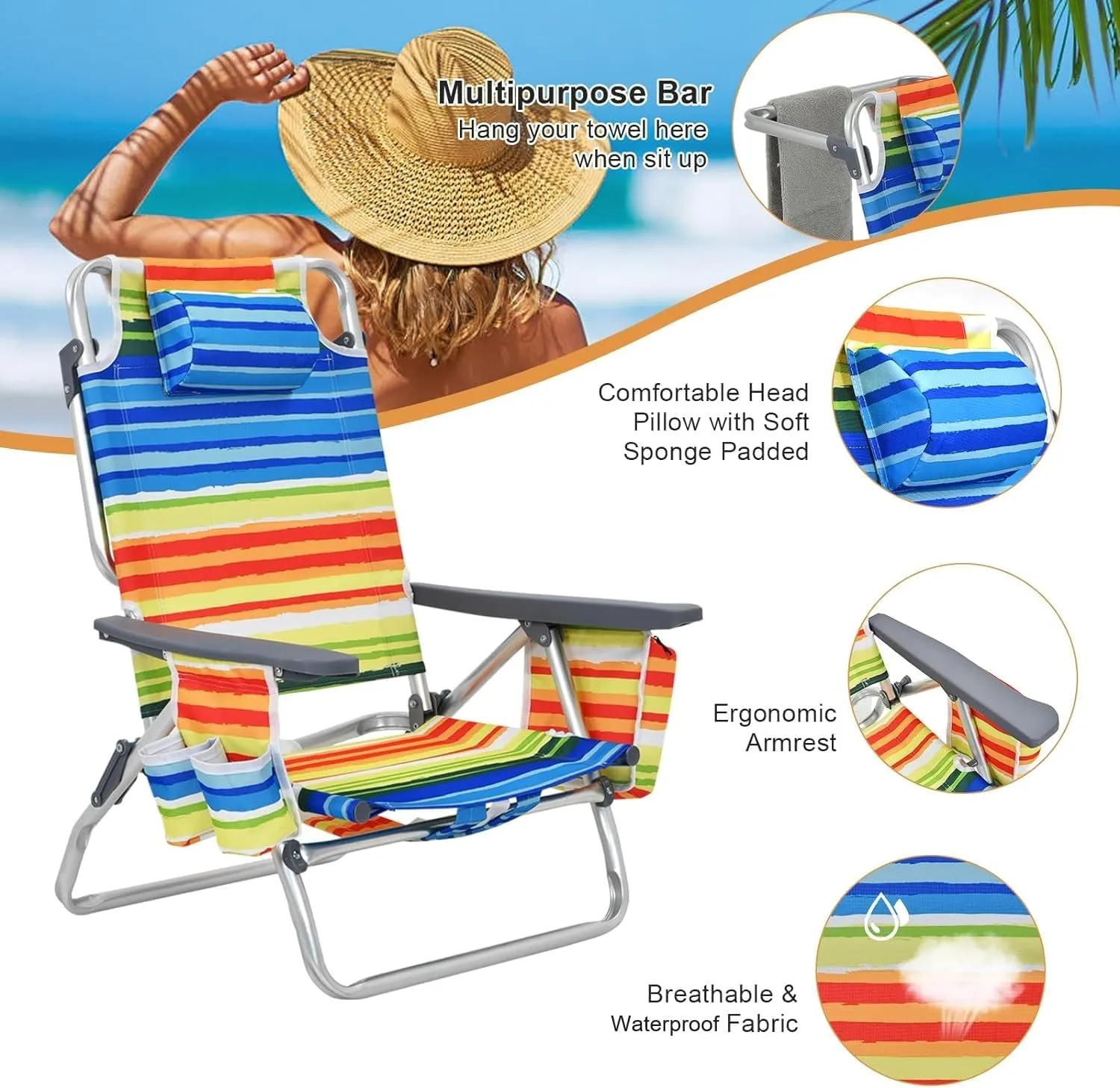 GYMAX Beach Chairs, 2-Pack Backpack Camping Chair with Armrest, Cooler Bag, Cup Holder, Towel Bar & Side Pockets, Sunbath Sling Tanning Lounge, Folding Layout Chairs (Yellow Strip, with Table)