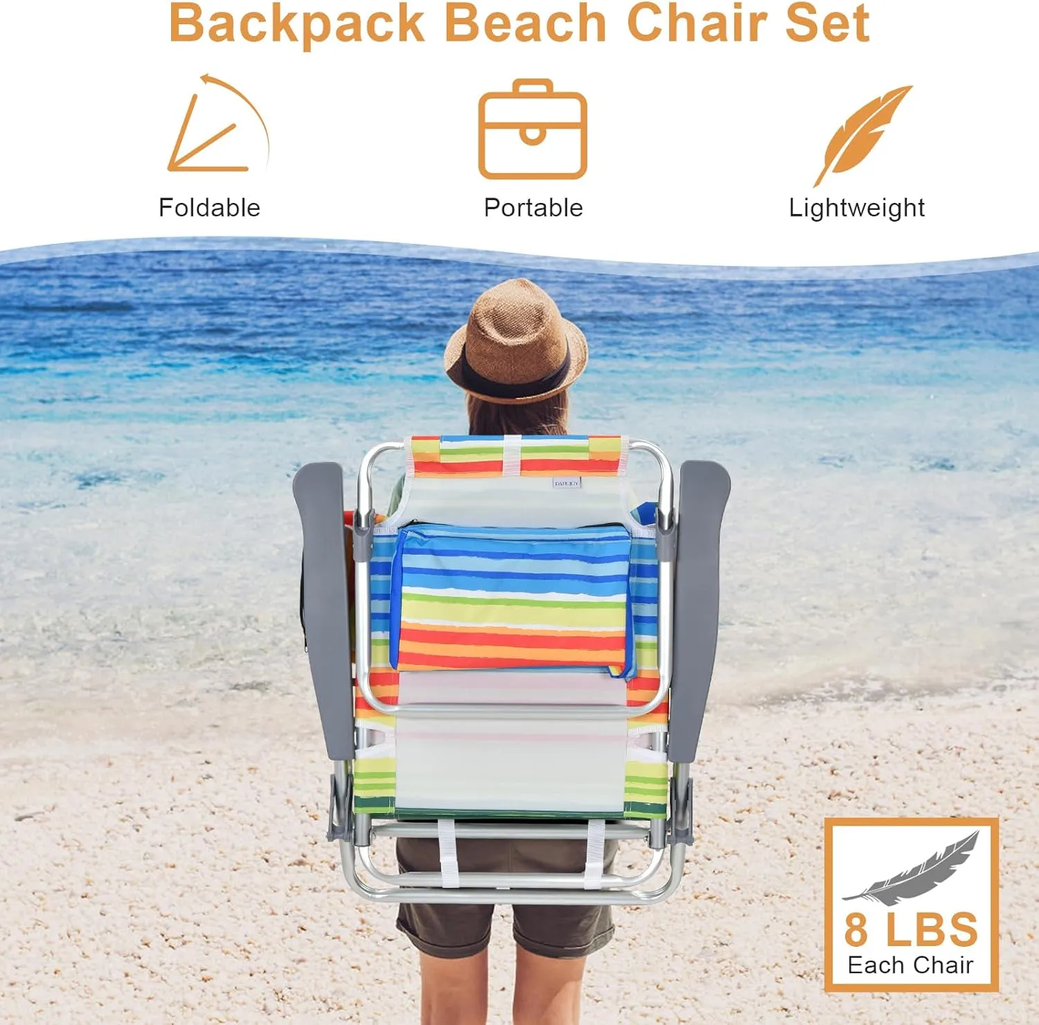 GYMAX Beach Chairs, 2-Pack Backpack Camping Chair with Armrest, Cooler Bag, Cup Holder, Towel Bar & Side Pockets, Sunbath Sling Tanning Lounge, Folding Layout Chairs (Yellow Strip, with Table)