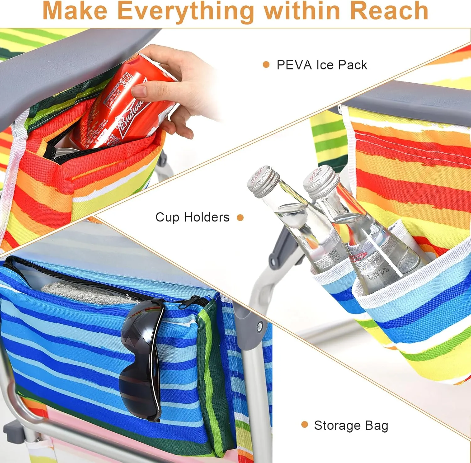 GYMAX Beach Chairs, 2-Pack Backpack Camping Chair with Armrest, Cooler Bag, Cup Holder, Towel Bar & Side Pockets, Sunbath Sling Tanning Lounge, Folding Layout Chairs (Yellow Strip, with Table)