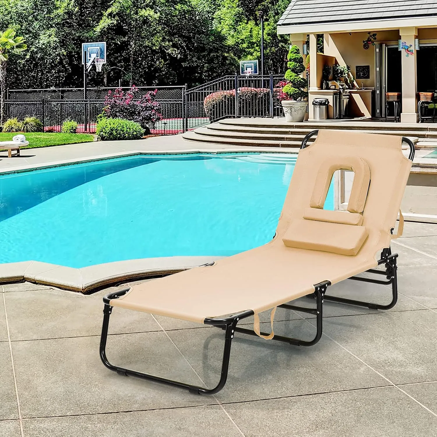 GYMAX Beach Lounge Chair, Sunbathing Chair Patio Lounge Chair Folding Adjustable Recliner with Hole for Face