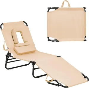 GYMAX Beach Lounge Chair, Sunbathing Chair Patio Lounge Chair Folding Adjustable Recliner with Hole for Face