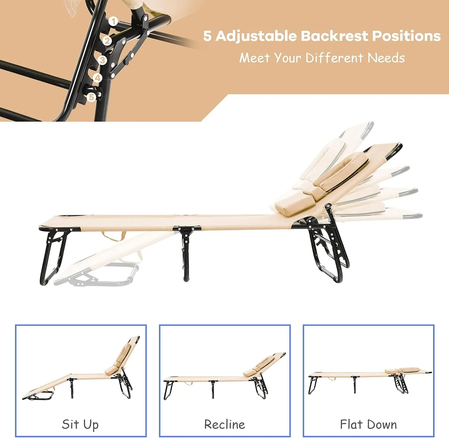 GYMAX Beach Lounge Chair, Sunbathing Chair Patio Lounge Chair Folding Adjustable Recliner with Hole for Face