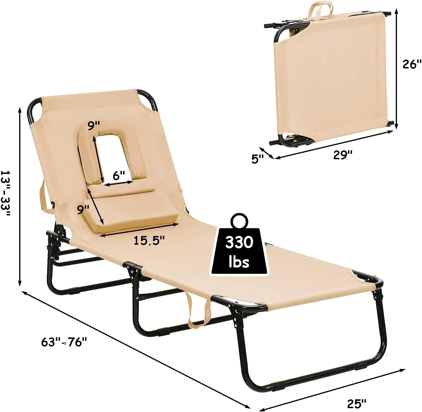 GYMAX Beach Lounge Chair, Sunbathing Chair Patio Lounge Chair Folding Adjustable Recliner with Hole for Face
