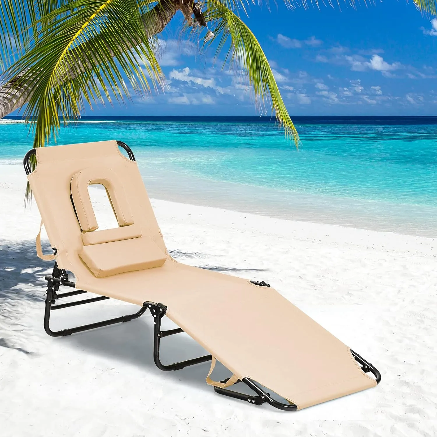 GYMAX Beach Lounge Chair, Sunbathing Chair Patio Lounge Chair Folding Adjustable Recliner with Hole for Face