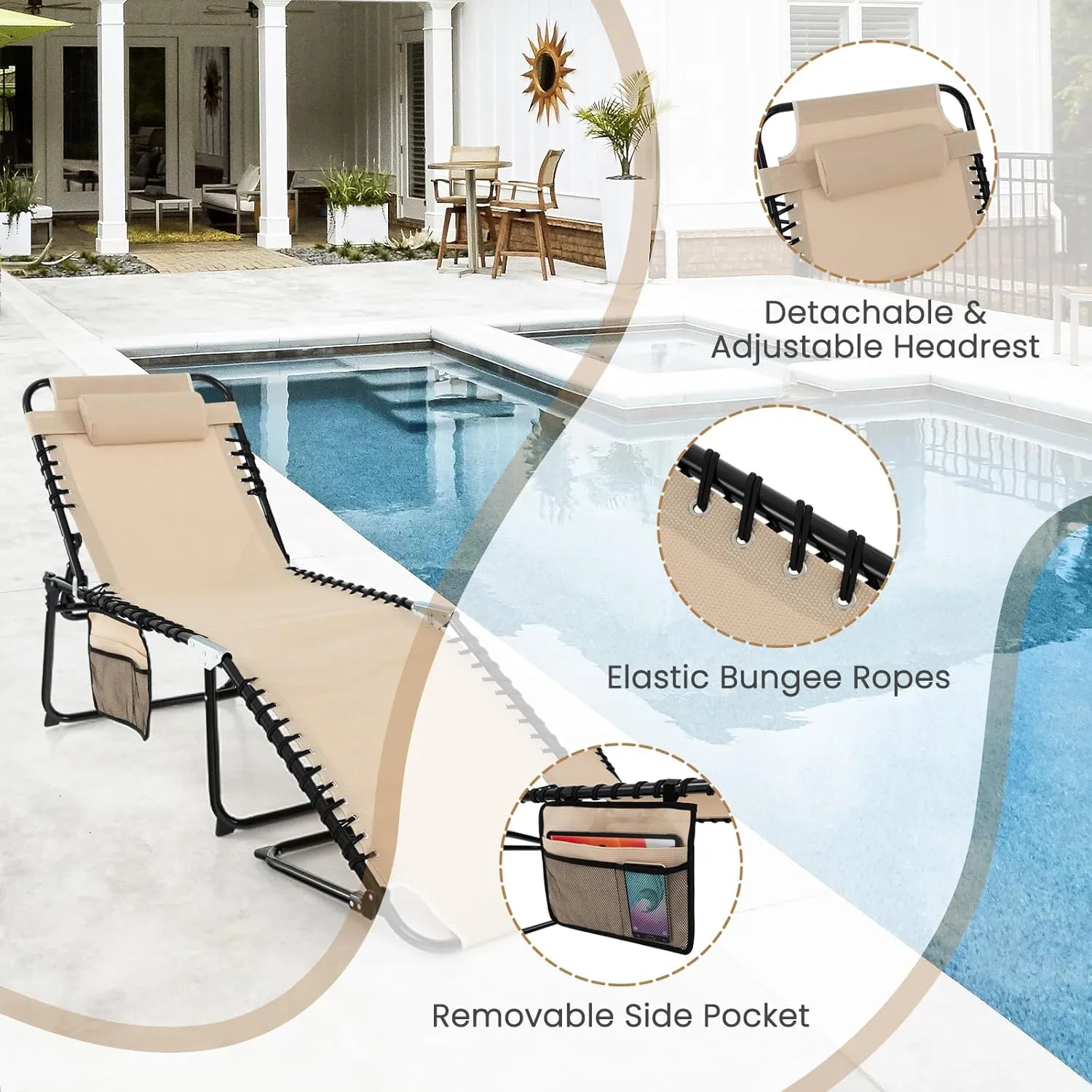 GYMAX Lounge Chairs for Outside, Extra High Folding Beach Tanning Lounger with Adjustable Backrest, Footrest & Removable Pillow, Sunbathing Lounge for Patio, Poolside (2, Sand with Pocket)