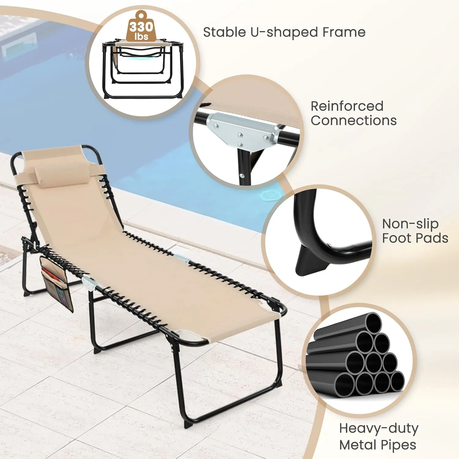 GYMAX Lounge Chairs for Outside, Extra High Folding Beach Tanning Lounger with Adjustable Backrest, Footrest & Removable Pillow, Sunbathing Lounge for Patio, Poolside (2, Sand with Pocket)