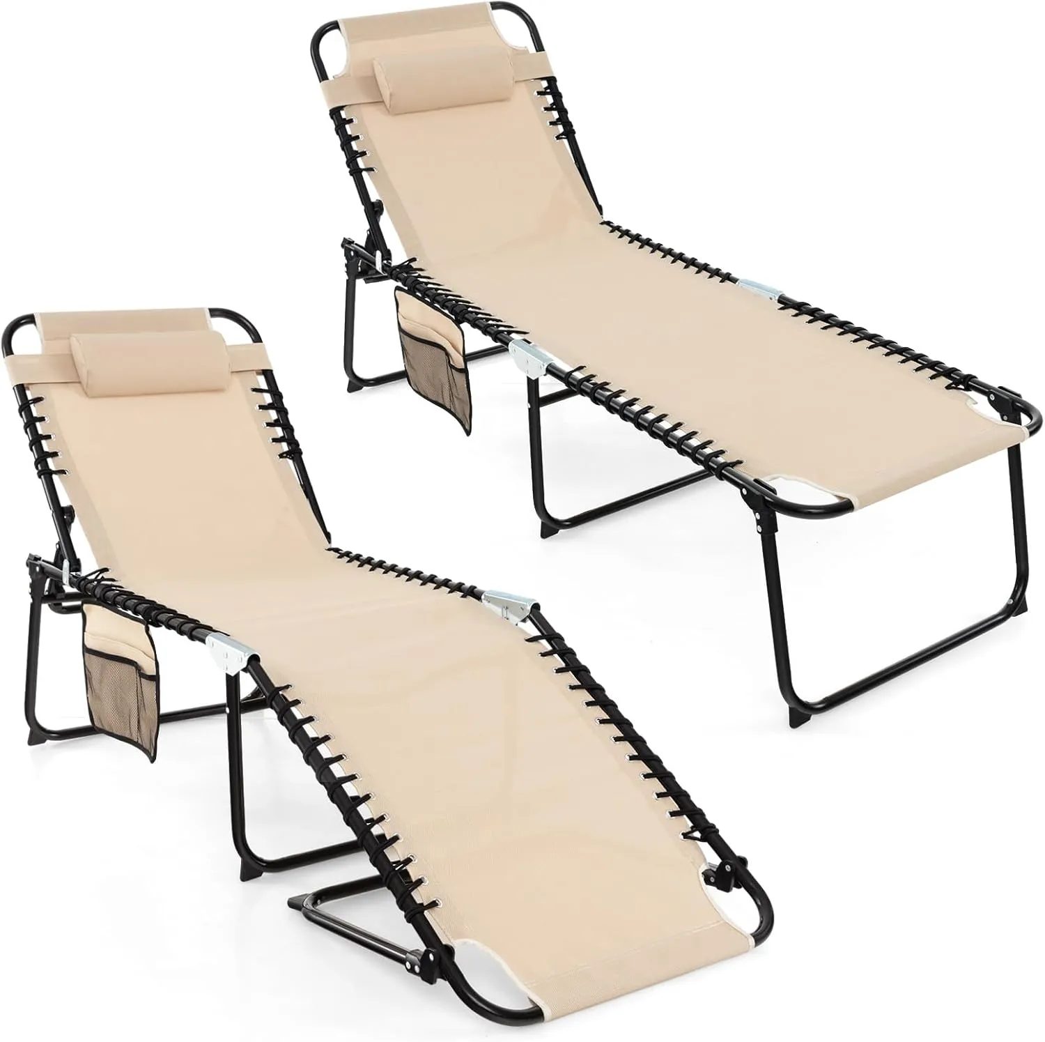 GYMAX Lounge Chairs for Outside, Extra High Folding Beach Tanning Lounger with Adjustable Backrest, Footrest & Removable Pillow, Sunbathing Lounge for Patio, Poolside (2, Sand with Pocket)