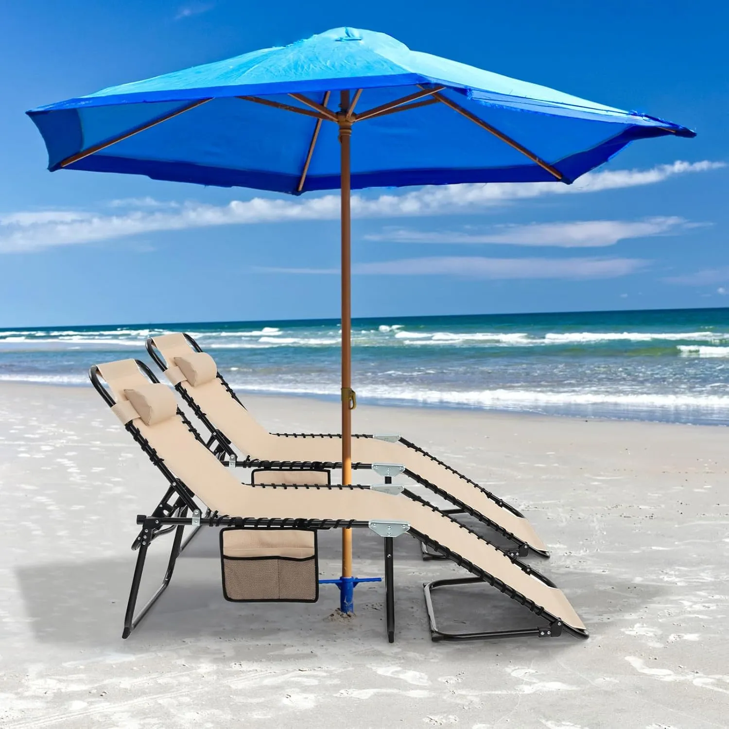 GYMAX Lounge Chairs for Outside, Extra High Folding Beach Tanning Lounger with Adjustable Backrest, Footrest & Removable Pillow, Sunbathing Lounge for Patio, Poolside (2, Sand with Pocket)