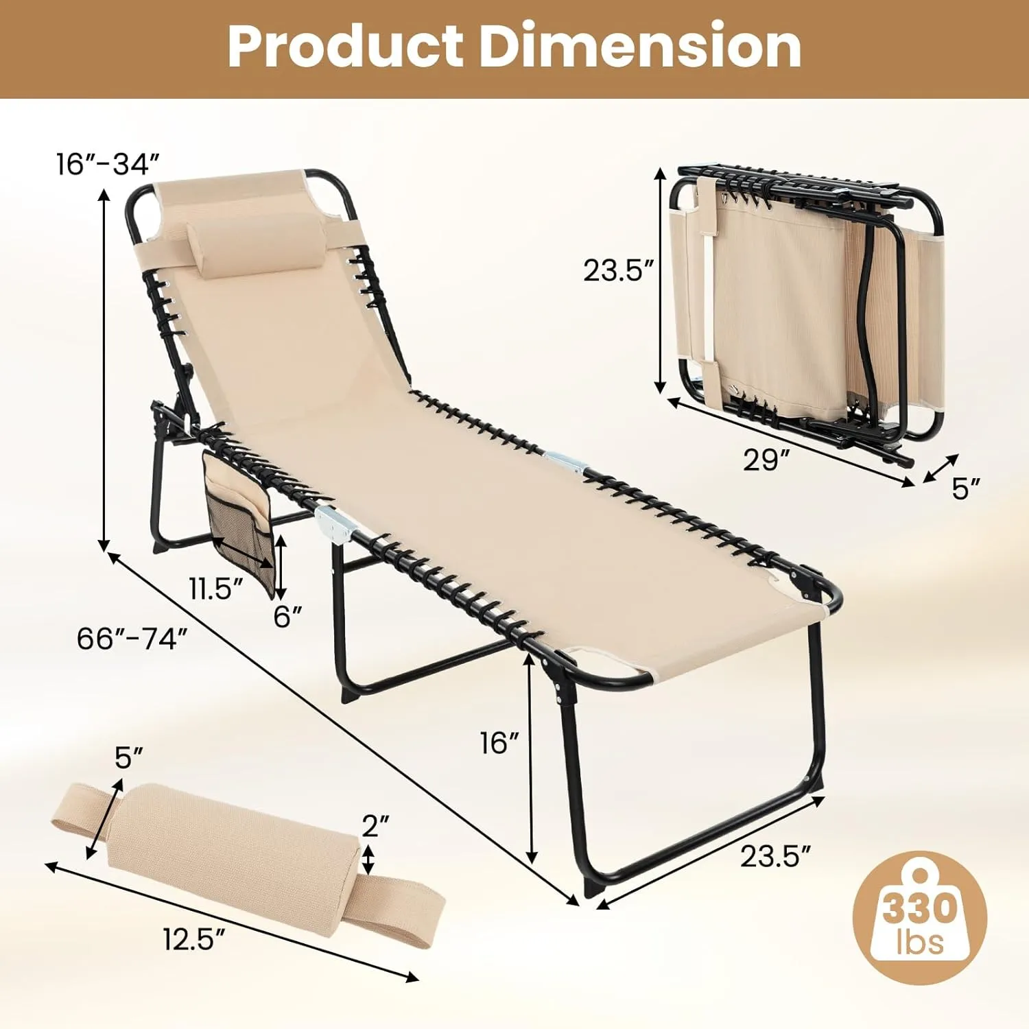 GYMAX Lounge Chairs for Outside, Extra High Folding Beach Tanning Lounger with Adjustable Backrest, Footrest & Removable Pillow, Sunbathing Lounge for Patio, Poolside (2, Sand with Pocket)