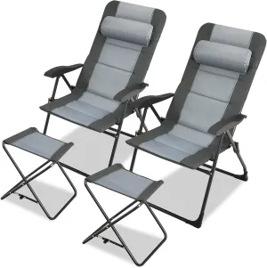 GYMAX Patio Chairs with Ottomans, Outdoor Recliner Set of 2 with 7-Level Backrest, Armrest, Detachable Headrest & Back Pocket, Padded Folding Camping Lounger for Lawn Balcony Backyard (2)