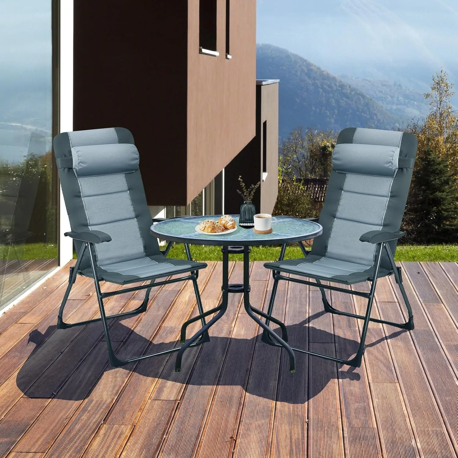 GYMAX Patio Chairs with Ottomans, Outdoor Recliner Set of 2 with 7-Level Backrest, Armrest, Detachable Headrest & Back Pocket, Padded Folding Camping Lounger for Lawn Balcony Backyard (2)