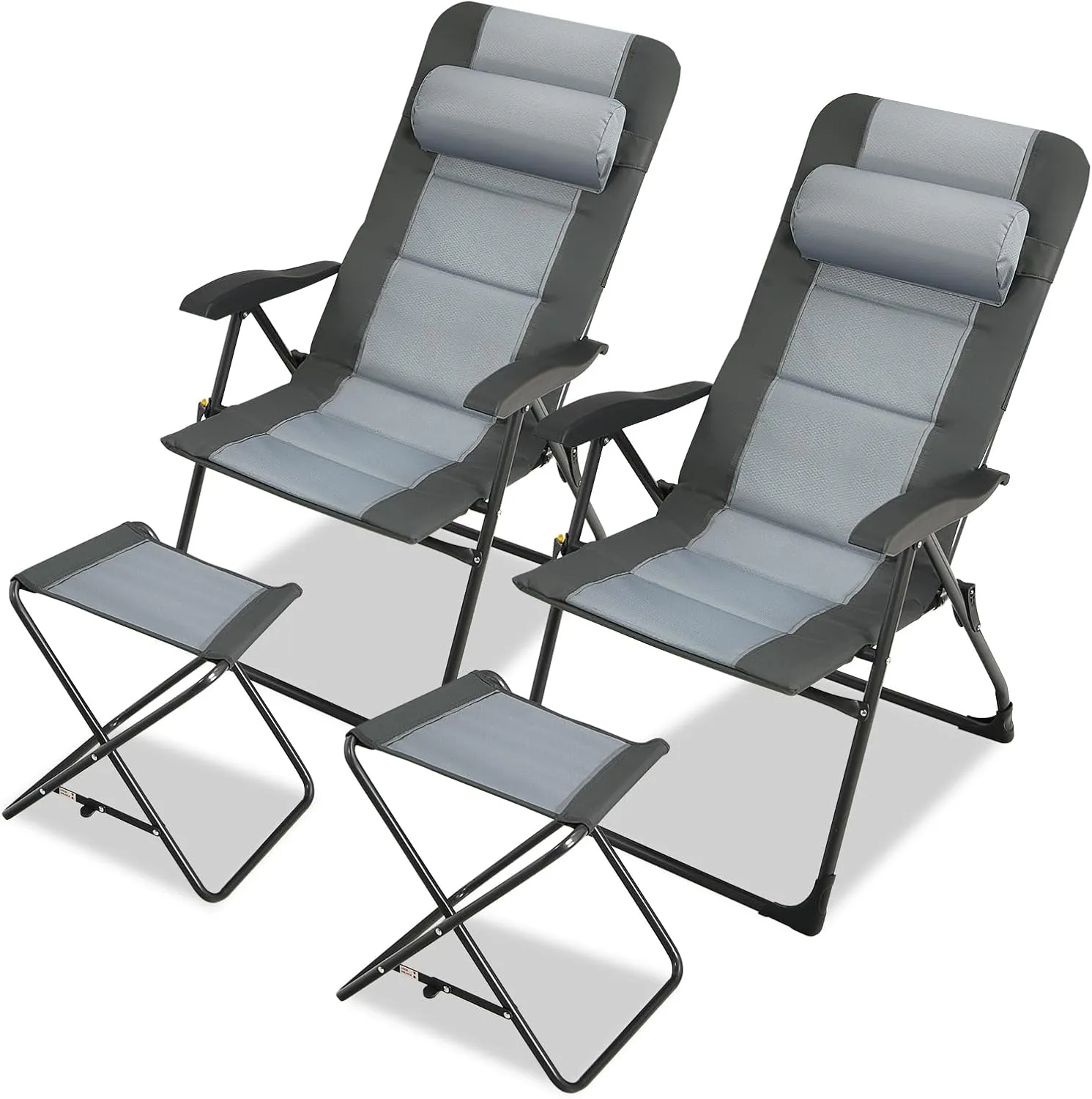 GYMAX Patio Chairs with Ottomans, Outdoor Recliner Set of 2 with 7-Level Backrest, Armrest, Detachable Headrest & Back Pocket, Padded Folding Camping Lounger for Lawn Balcony Backyard (2)