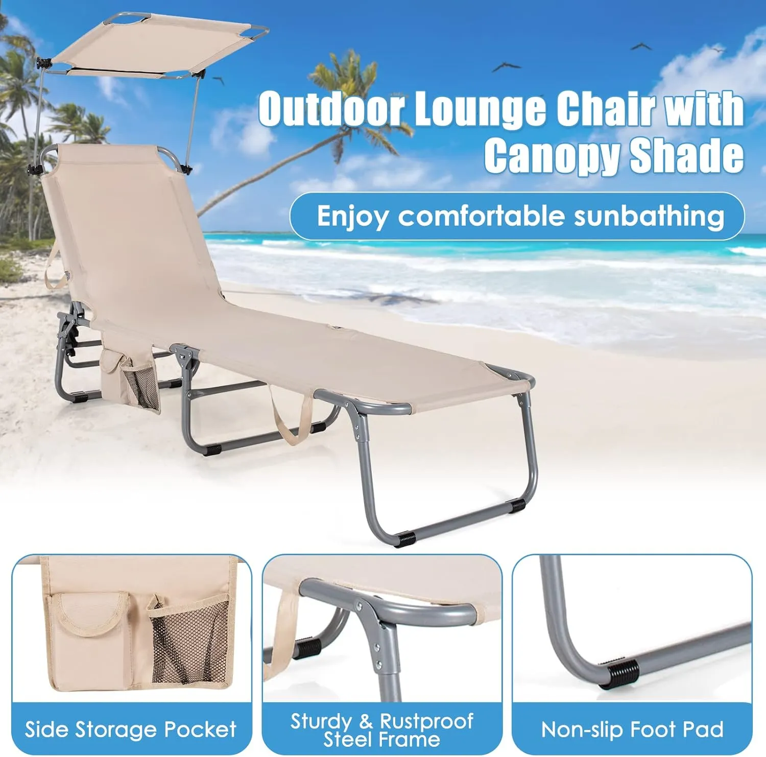 GYMAX Tanning Chair, Beach Lounge Chair with Canopy Sunshade, Carry Handle & Pocket, 5 Level Adjustable Layout Chaise Lounge for Outside, Folding Sunbath Chair for Outdoor, Patio, Poolside (1, Sand)