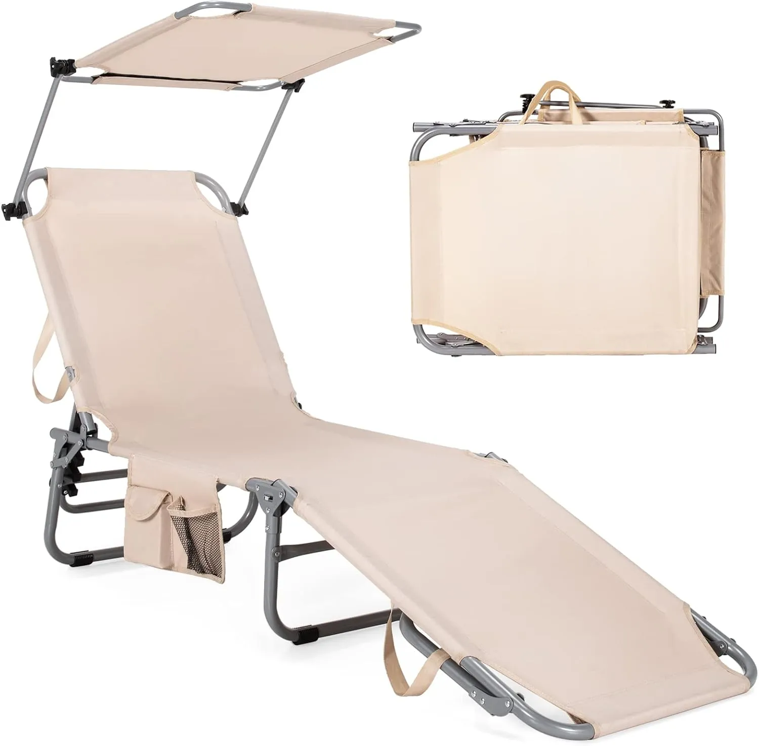 GYMAX Tanning Chair, Beach Lounge Chair with Canopy Sunshade, Carry Handle & Pocket, 5 Level Adjustable Layout Chaise Lounge for Outside, Folding Sunbath Chair for Outdoor, Patio, Poolside (1, Sand)