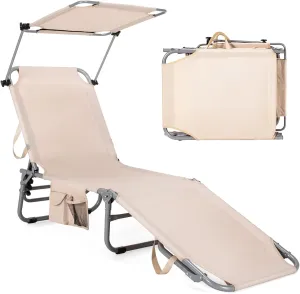 GYMAX Tanning Chair, Beach Lounge Chair with Canopy Sunshade, Carry Handle & Pocket, 5 Level Adjustable Layout Chaise Lounge for Outside, Folding Sunbath Chair for Outdoor, Patio, Poolside (1, Sand)