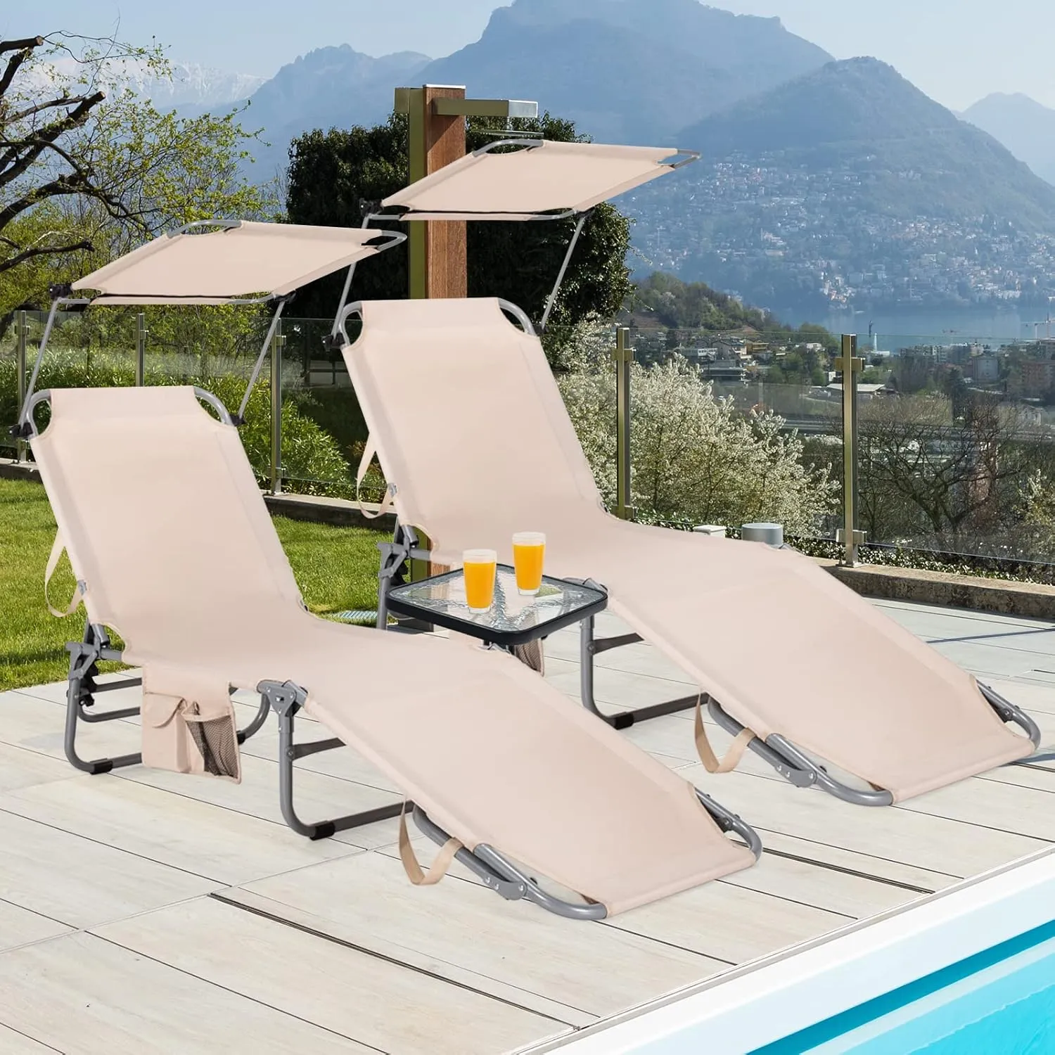 GYMAX Tanning Chair, Beach Lounge Chair with Canopy Sunshade, Carry Handle & Pocket, 5 Level Adjustable Layout Chaise Lounge for Outside, Folding Sunbath Chair for Outdoor, Patio, Poolside (1, Sand)