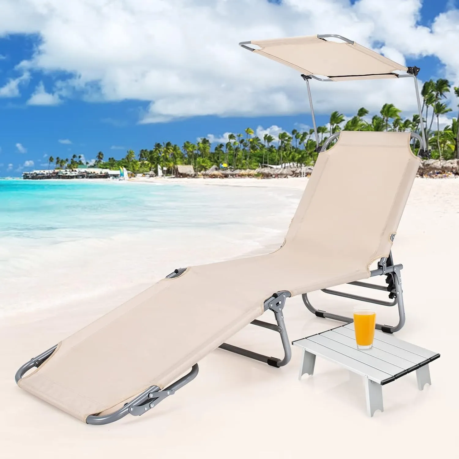 GYMAX Tanning Chair, Beach Lounge Chair with Canopy Sunshade, Carry Handle & Pocket, 5 Level Adjustable Layout Chaise Lounge for Outside, Folding Sunbath Chair for Outdoor, Patio, Poolside (1, Sand)