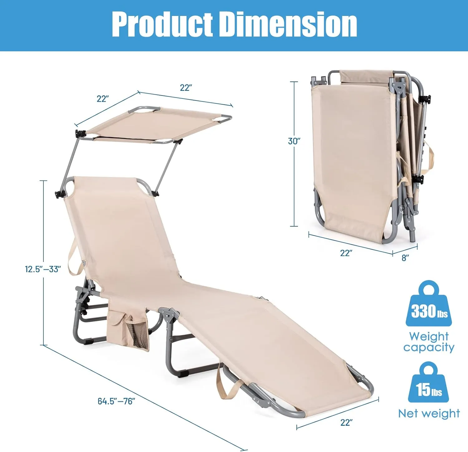 GYMAX Tanning Chair, Beach Lounge Chair with Canopy Sunshade, Carry Handle & Pocket, 5 Level Adjustable Layout Chaise Lounge for Outside, Folding Sunbath Chair for Outdoor, Patio, Poolside (1, Sand)