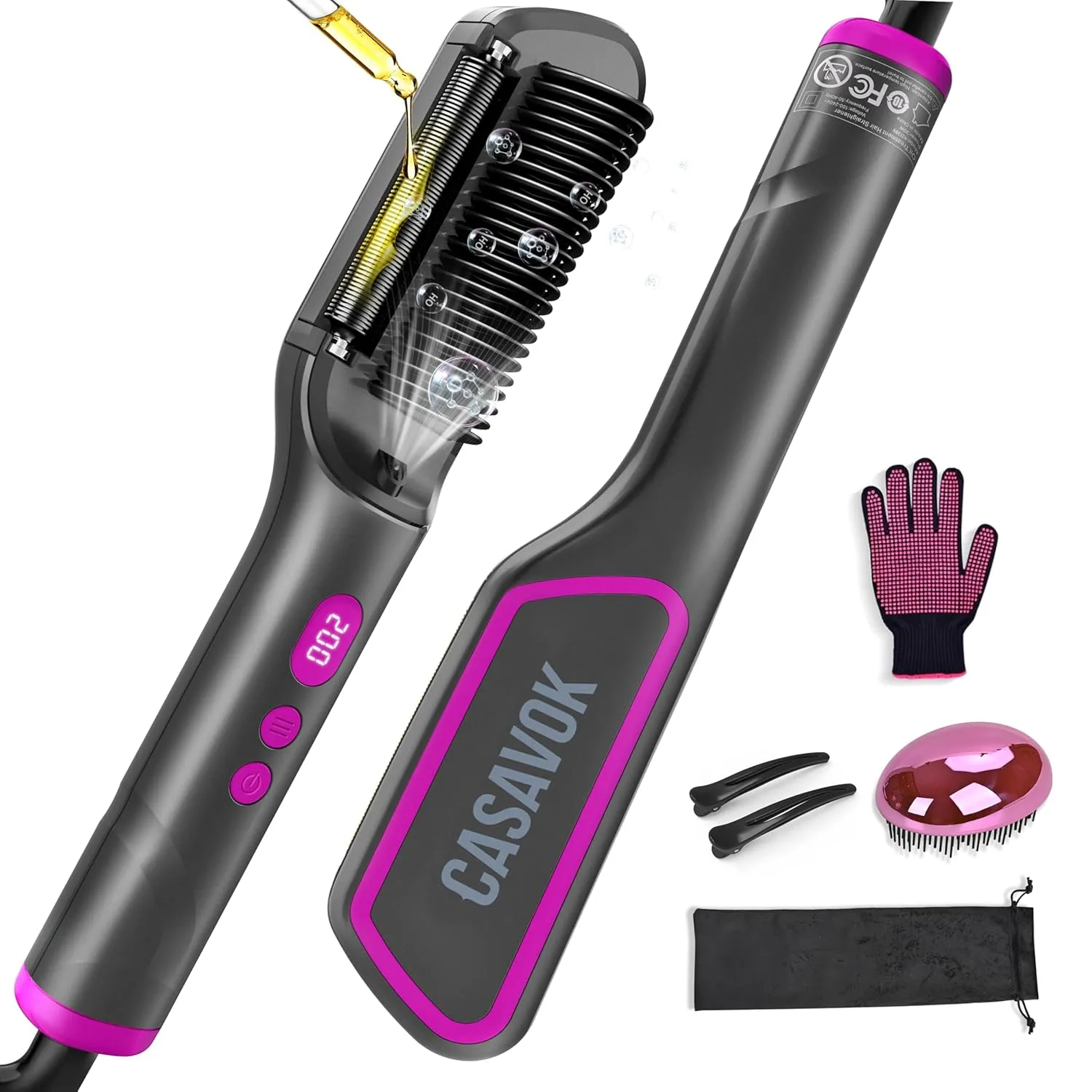 Hair Straightener Brush with Negative Ion,3 IN1 Hair Straightening Brush with Essential Oil Infusion,Brush Straightener for Women,Dual Voltage for Travel, Anti-Scald,9 Digital Temp-Setting