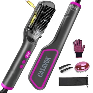 Hair Straightener Brush with Negative Ion,3 IN1 Hair Straightening Brush with Essential Oil Infusion,Brush Straightener for Women,Dual Voltage for Travel, Anti-Scald,9 Digital Temp-Setting