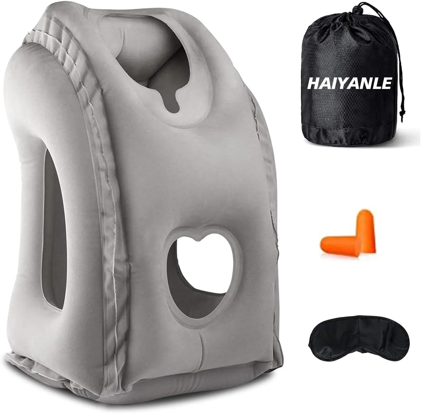 HAIYANLE Inflatable Travel Pillow - Multifunctional Travel Pillow for Adult Chin Supporting Travel Neck Pillow Airplane Sleeper Office Napping Pillow with Eye Mask, Earplugs and Portable Bag