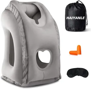 HAIYANLE Inflatable Travel Pillow - Multifunctional Travel Pillow for Adult Chin Supporting Travel Neck Pillow Airplane Sleeper Office Napping Pillow with Eye Mask, Earplugs and Portable Bag