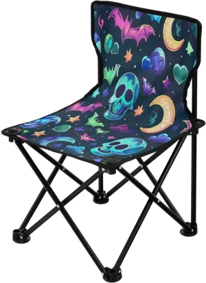Halloween Colorful Bat Skeleton Portable Outdoor Folding Chair Anti-Slip Padded Oxford Cloth Stool Camping Chair Small for Beach Hiking Fishing Gardening Quad Camp Chair