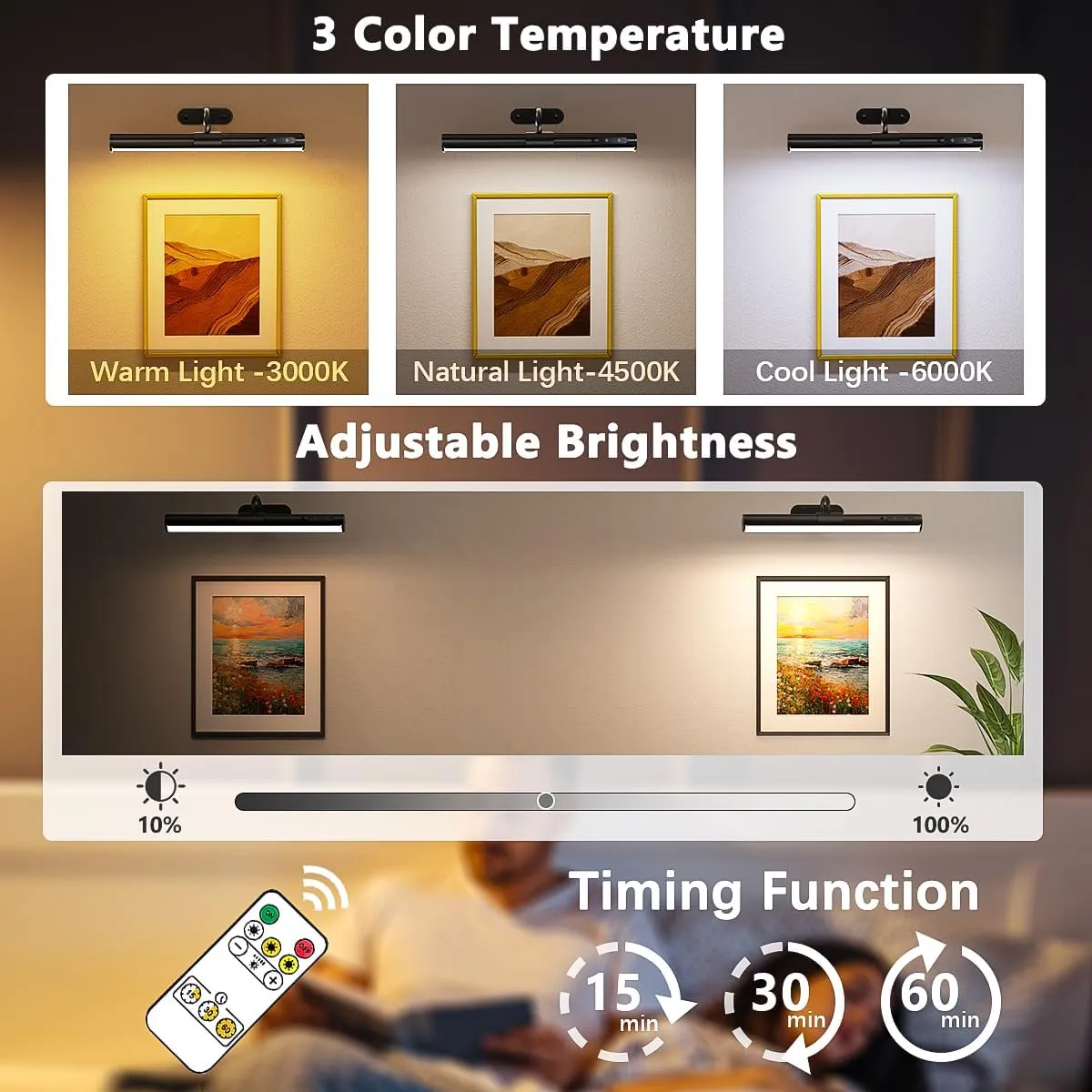 Hapfish Picture Lights for Wall Battery Operated,Wireless Art Light for Paintings, Rechargeable Wall Sconce for Picture with Remote Control,Dimmable Wall Lighting for Gallery Dartboard Mirror - Black