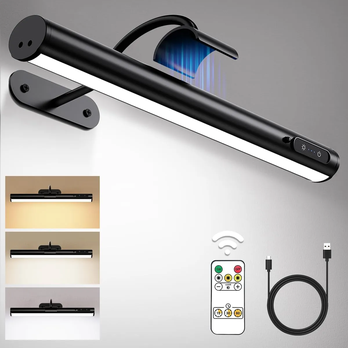Hapfish Picture Lights for Wall Battery Operated,Wireless Art Light for Paintings, Rechargeable Wall Sconce for Picture with Remote Control,Dimmable Wall Lighting for Gallery Dartboard Mirror - Black