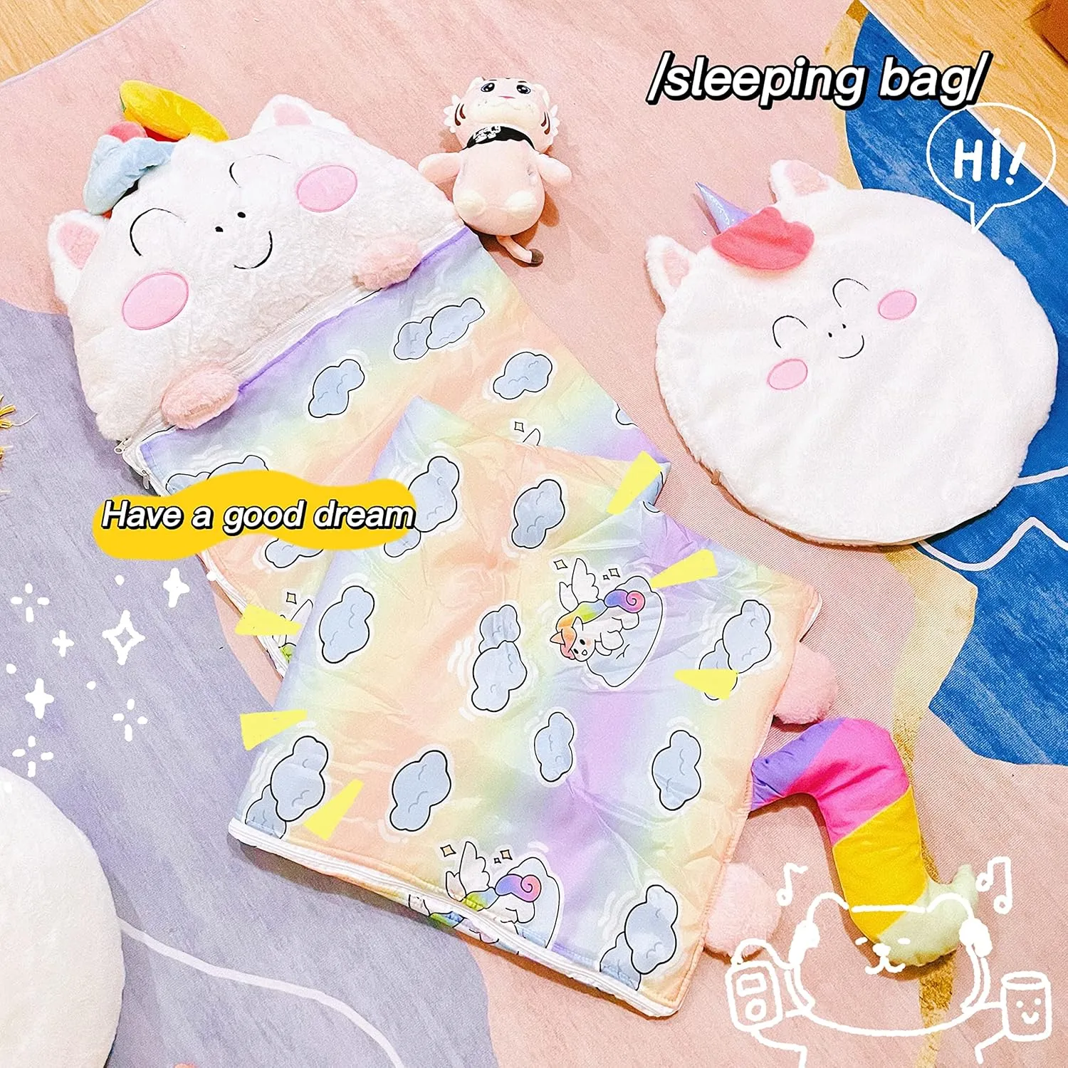 Happy Kids Sleeping Bag, Animal Bags, Sleepy Sack, Comfy, Cozy, Compact, Sleeping Bag with Pillow, Soft Pillow, Nap Mat, Wram Plush with Cotton, Slumber Bag