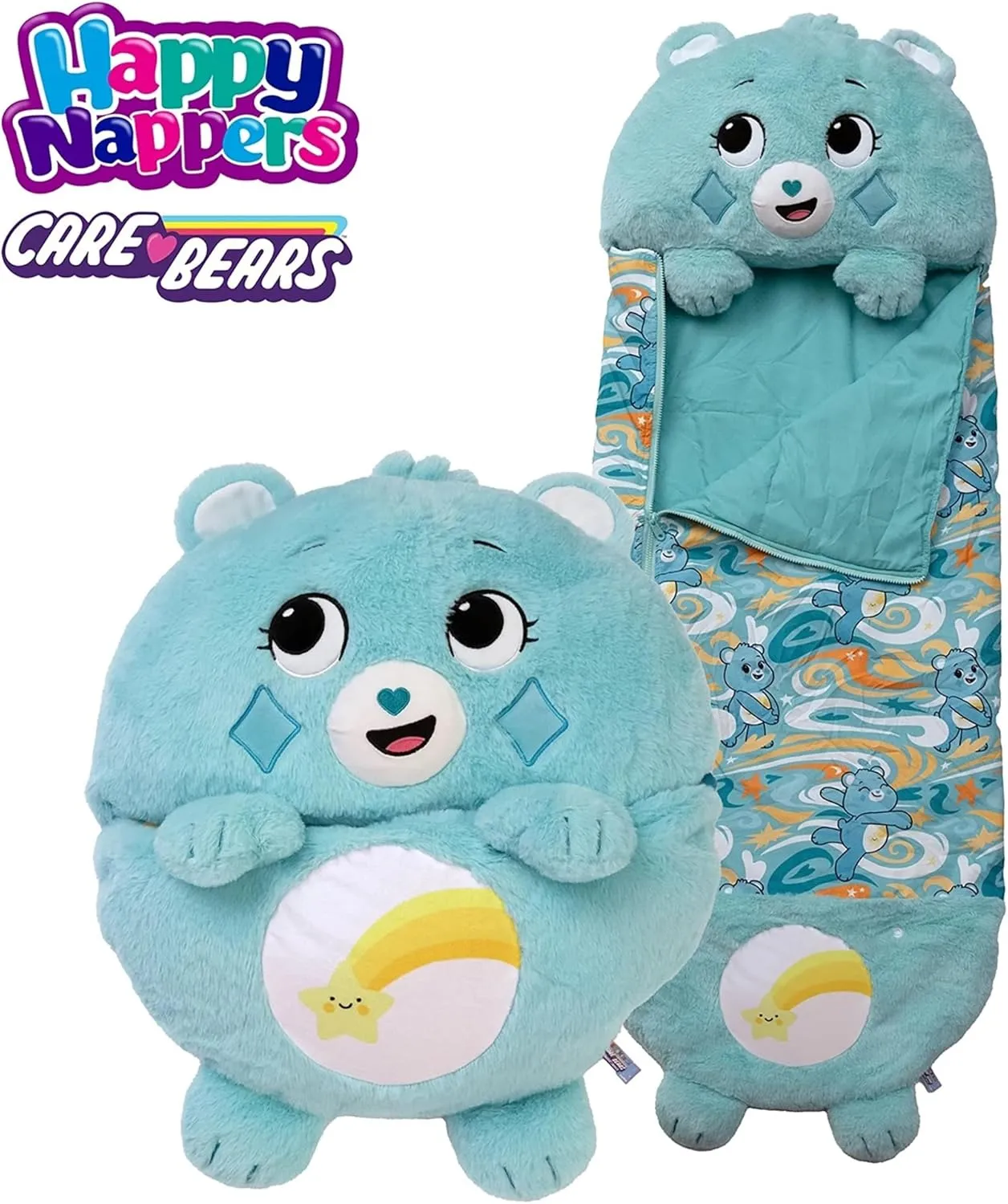 Happy Nappers: Care Bears Sleep Sack Medium - Wish Bear - 54 x 20, 2-in-1: Plush Character Opens Into Sleeping Bag, Soft Nap & Play Animal, Kids 3 